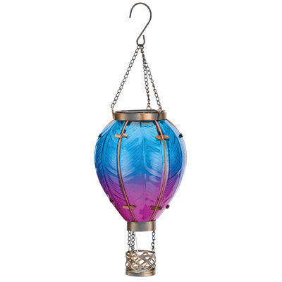 15" Hanging Solar Hot Air Balloon Lantern with Glass Panels and Metal Frame