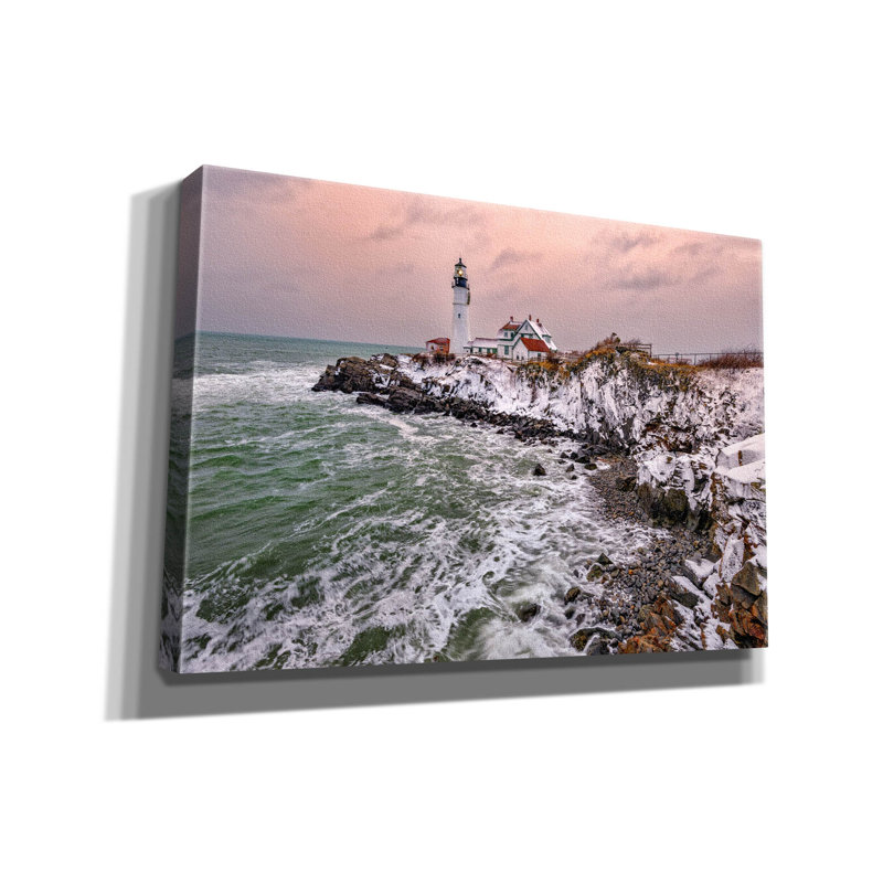 «First Snow At Portland Head» par Rick Berk, art mural sur toile, H 18 po x l 26 po x P 0,75 po