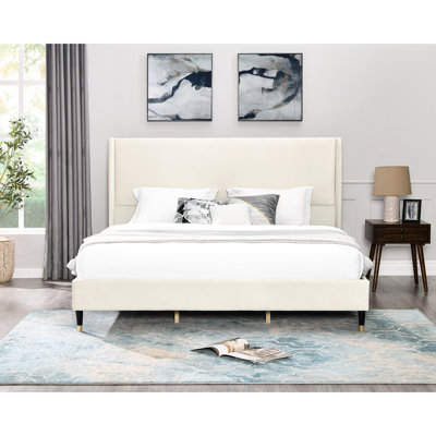 Beige King Bed - Wingback For Bedroom Durability Velvet Modern