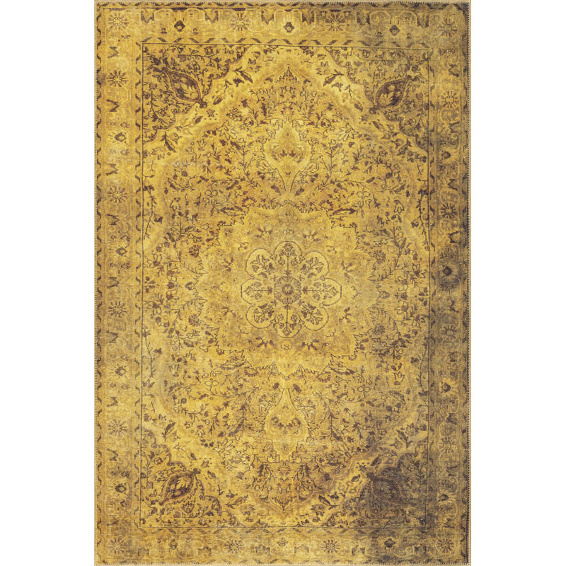 Tapis jaune à motif tissé rétro, Rectangle 5 pi x 7 pi 7 po