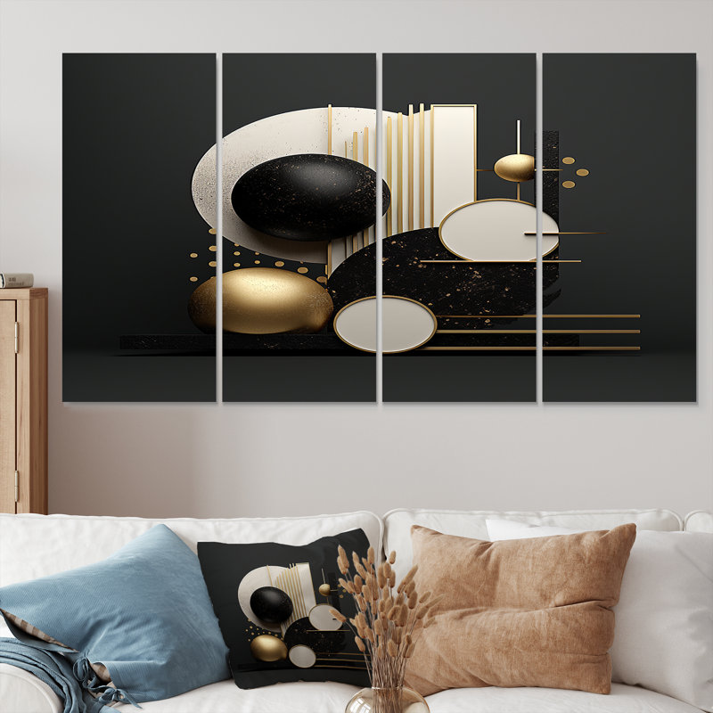 Zen Spheres Balance Gold and Black - décoration murale géométrique 4 pièces, H 28 po x l 48 po
