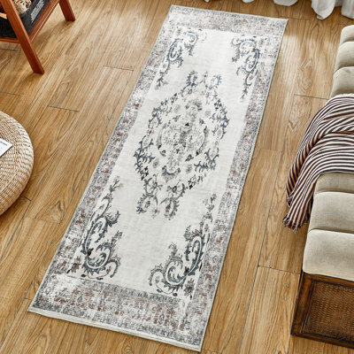 Laiden Oriental Non-Slip Machine Washable Vintage Neutral Area Rug for Living Room, Bedroom, Hallway Runner Indoor Rugs