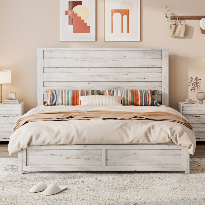 Distressed White Full Farmhouse Wood and Metal Bed Frame with Slats
