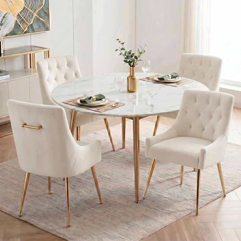 Fewell Velvet Upholstered Dining Chair With Gold Legs, Beige