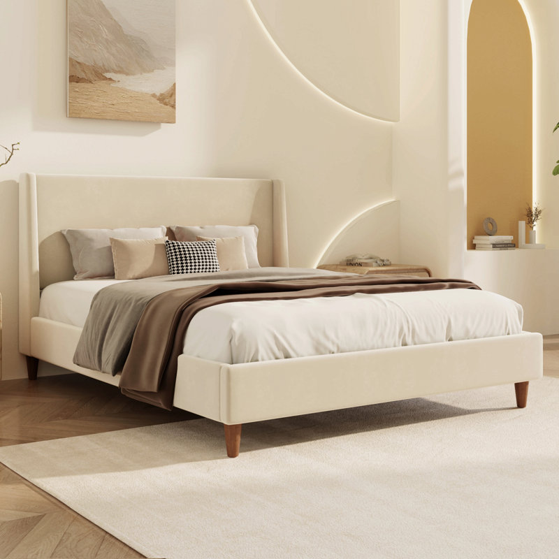 Modern Cream Velvet Upholstered Platform Bed With Wingback Headboard And Walnut Wooden Legs, No Box Spring Needed, King