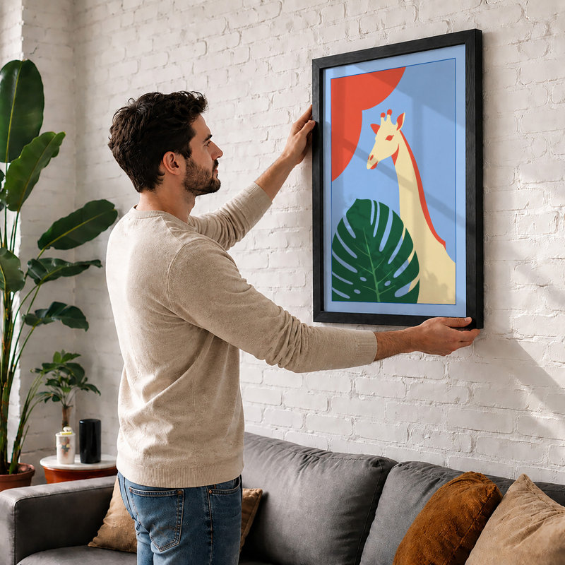 Giraffe and Monstera Modern - Framed Print, A4 - 29.7 x 21.0 cm, White