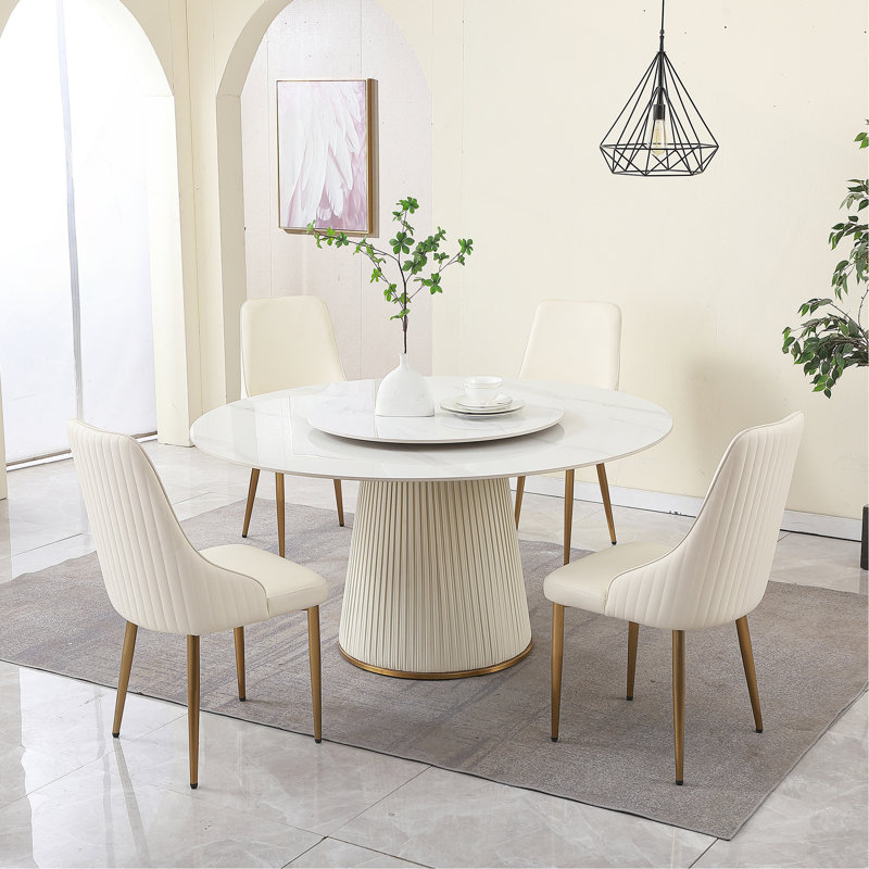 Table de salle à manger moderne en pierre frittée 59 po. Avec table tournante ronde de 31,5 po. Pour 8 personnes avec piédestal en bois et métal