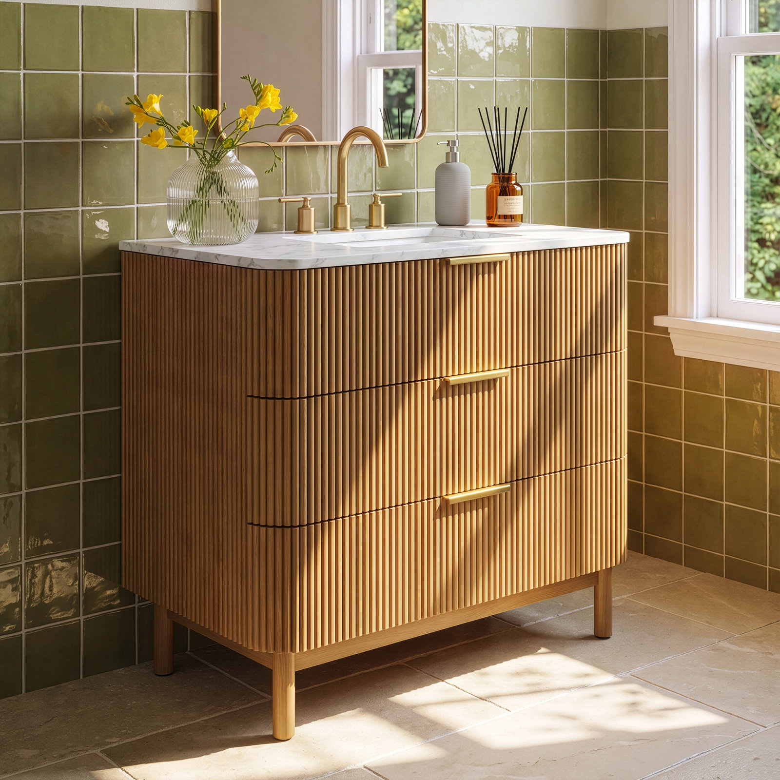 Nova 36" Carrara Marble Single Bathroom Vanity, Reeded Birch