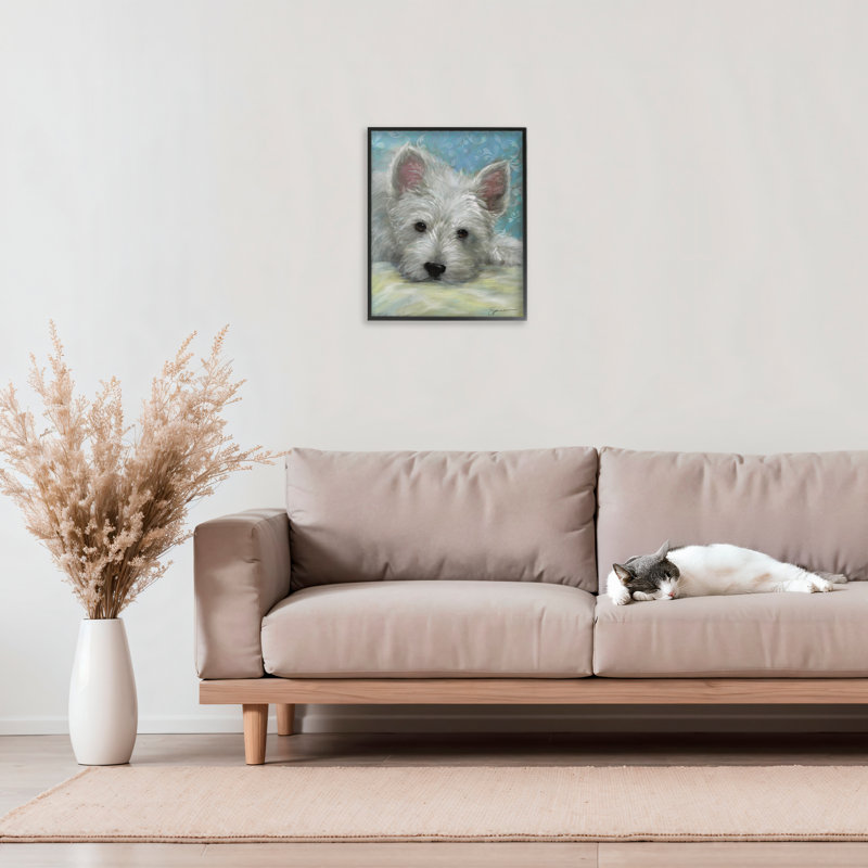 Lazy Day White Terrier, estampe numérique, conception de Mary Sparrow, 14" H x 11" W, Giclée encadrée noir minuit
