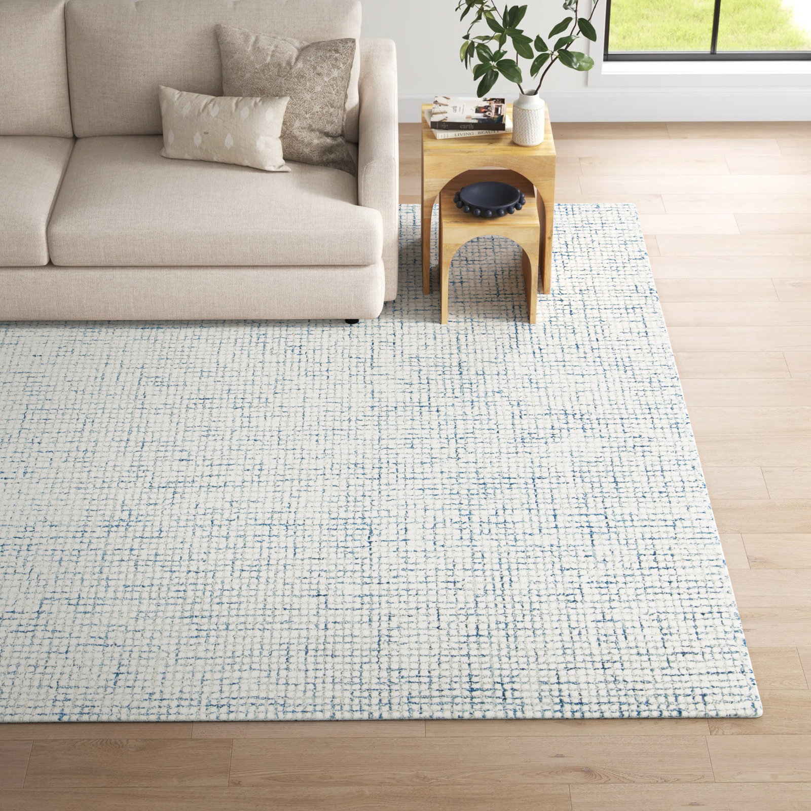 Rowe Ivory Blue Hand-Tufted Striped Rug, Rectangle 11' x 15'