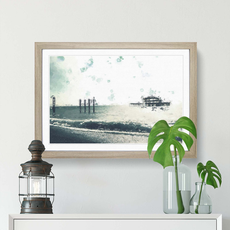 Old West Pier at Brighton Beach in Abstract - Picture Frame Painting Print, 62cm H x 87cm W x 2cm D, Oak Framed