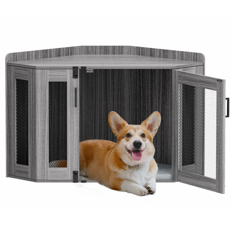 Cage de coin grise pour chien avec tapis