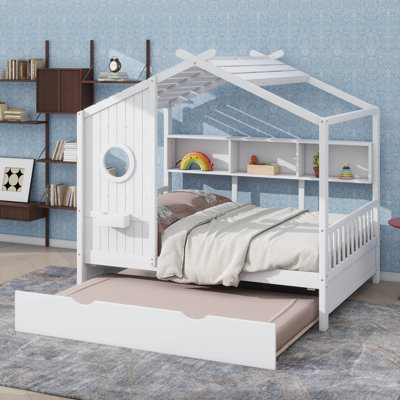 Lit double en bois de style moderne avec lit gigogne et tablette de rangement