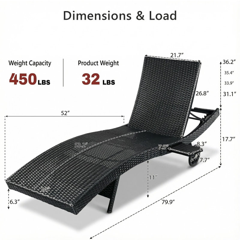 80" Patio Wicker Chaise Lounge Chairs Set of 2 with Adjustable Backrest & Wheels, Black