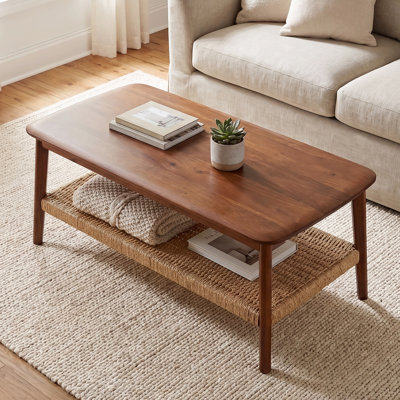 Calais 48" W Solid Wood Coffee Table with Woven Shelf