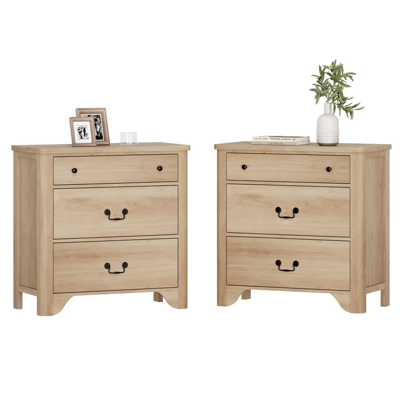 Haikey 3-Drawer Nightstand， Large Drawers End Table, 2, Oak