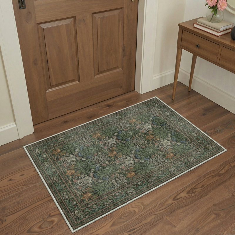 Blossora Modern Floral Machine Washable Green Indoor Area Rug with Non-Slip Backing, Rectangle 5' x 7'