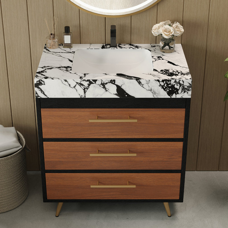 Meuble-lavabo rustique avec lavabo vasque en céramique, finition facile à nettoyer et grand espace de rangement moderne Mid-Century, pieds en acier