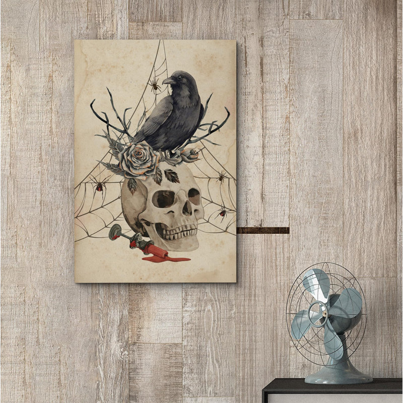 Moineau debout sur un squelette, horreur moderne, gothique, maussade, illustrations sombres, œuvre d'art moderne