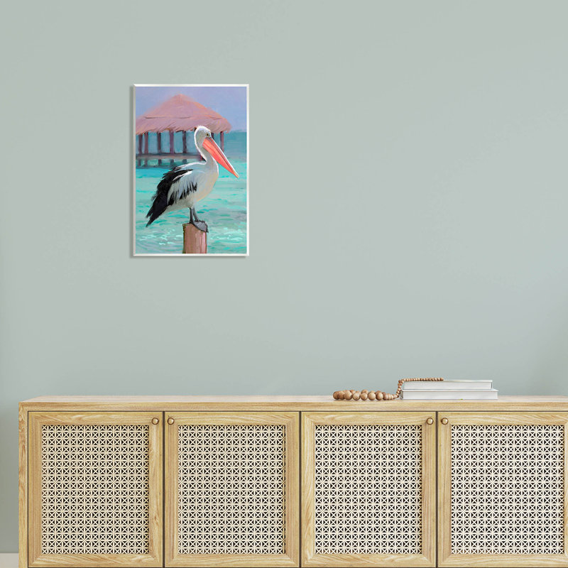Art tropical sur plaque de pélican perché par Ziwei Li, H 19 po x l 13 po x P 0,5 po