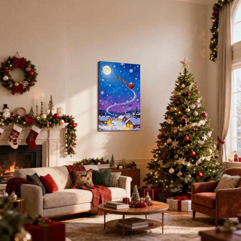 «Christmas Santa Flying Over Snowy Village Night», ensemble de 3 impressions sur toile, H 30 po x l 20 po