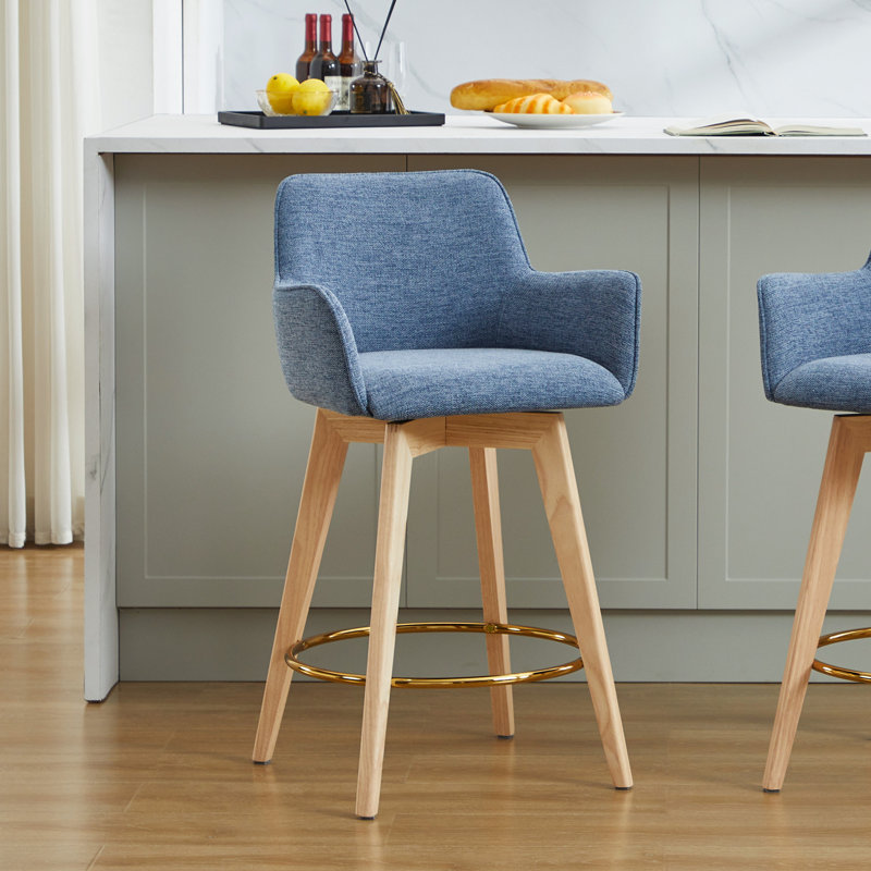 Lovetro Swivel Full Back Arms Upholstered 26.6"H Counter Stool with Solid Rubberwood Frame and Gold Footrest, Blue