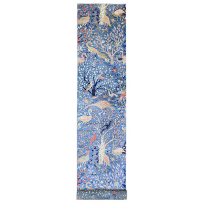 3'x21'3" Bayern Blue, Afghan Peshawar with Birds of Paradise Design, Natural Dyes, Hand Knotted, 100% Wool, XL Runner, Oriental Rug