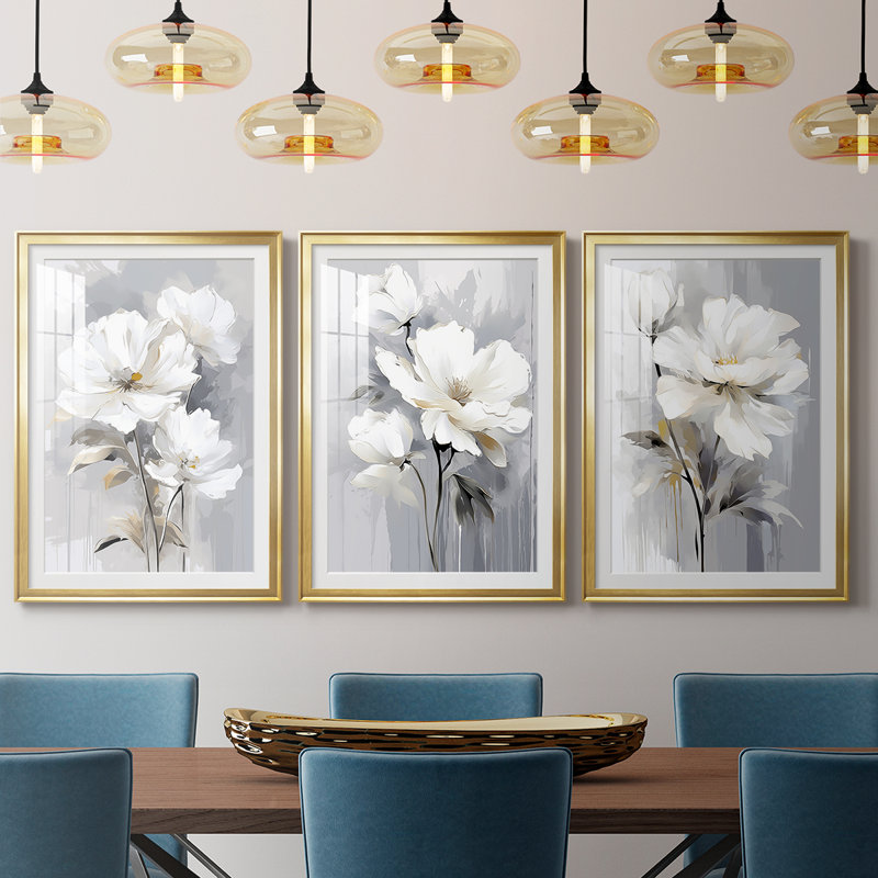 FLORAL Series CDXL III - Impression encadrée de qualité supérieure sur mesure mat - 3 pièces, H 15 po x l 19 po, Doré