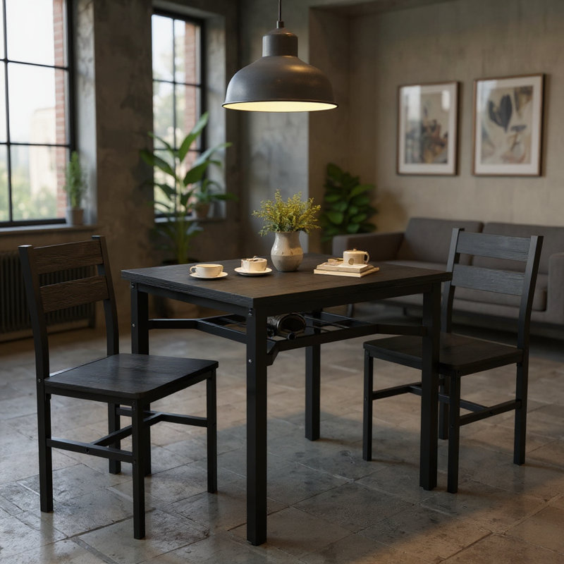 3 Piece Square Bar Table And Chairs Set, Space Saving Design Dining Table Set With Storage Shelf, Small Kitchen Table Set Of 3, With Particle Board Table Top And Metal Frame