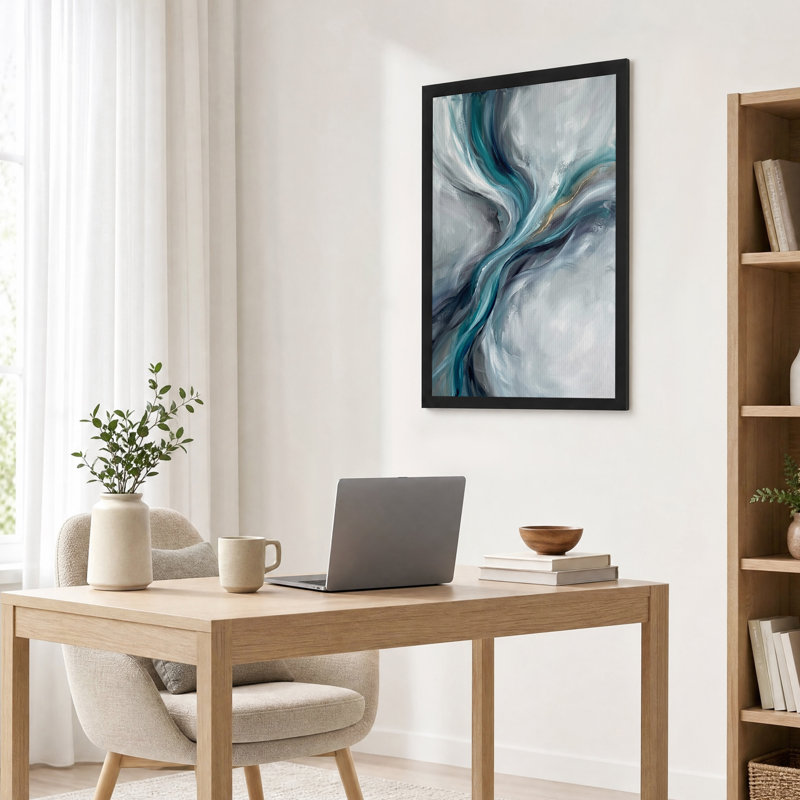 Toile murale abstraite fluide turquoise et grise avec accents dorés, H 24 po x l 16 po