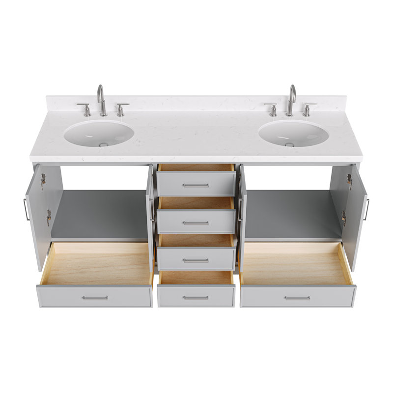 Ensemble de meuble-lavabo double 72,25 po avec plateau en quartz Abshire, Gris