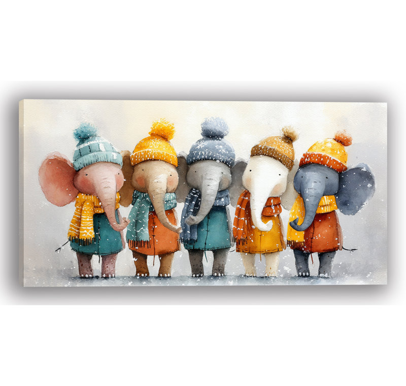 Éléphants enneigés dans des vêtements chauds - art mural sur toile tendue, H 20 po x l 40 po