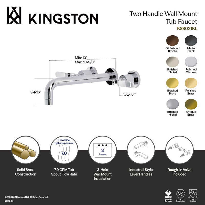 Kingston Brass Whitaker Two-Handle 3-Hole Wall Mount Roman Tub Faucet, Polished Chrome