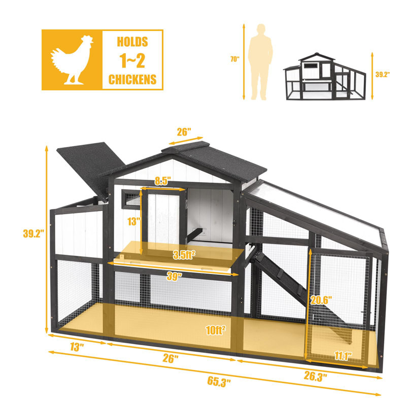 65"L Chicken Coop with Run, Wooden Hen House with Nesting Box, UV Panel