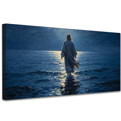 «Jesus Walking on Water», art mural moderne en toile pour salon, chambre à coucher, bureau ou salle de prière, tendue sur châssis, prête à être accrochée (20 po x 40 po)
