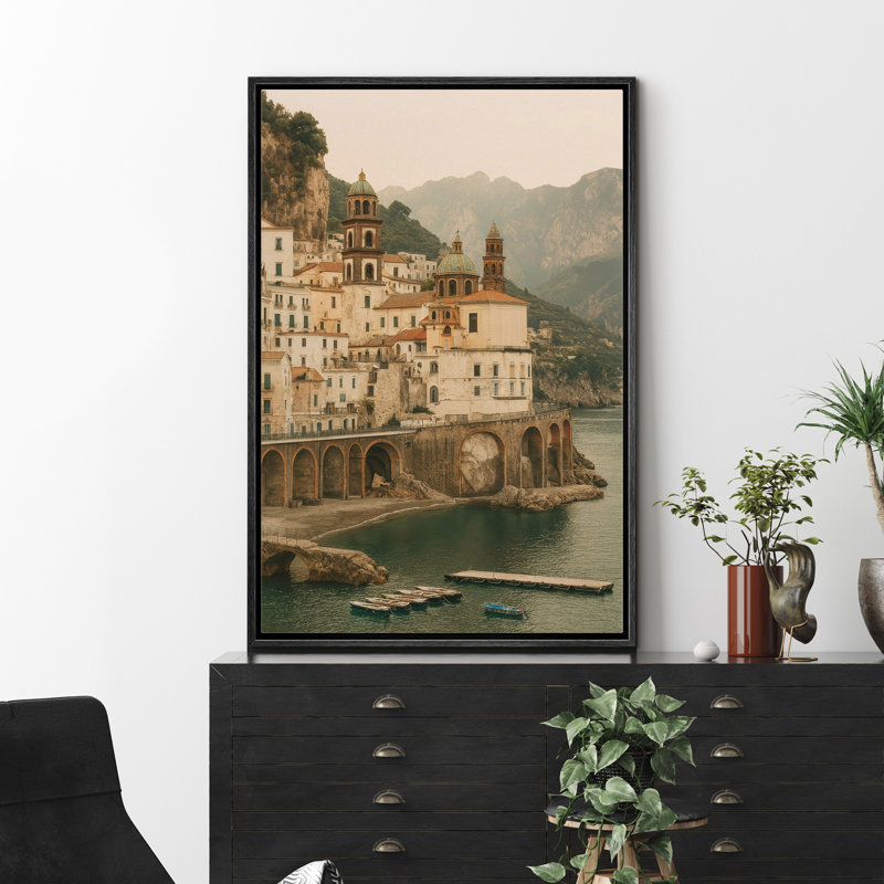 «Coastal Italian Cliffside Town with Arched Bridge and Calm Sea», reproduction d'art sur toile encadrée, Cadre flottant noir