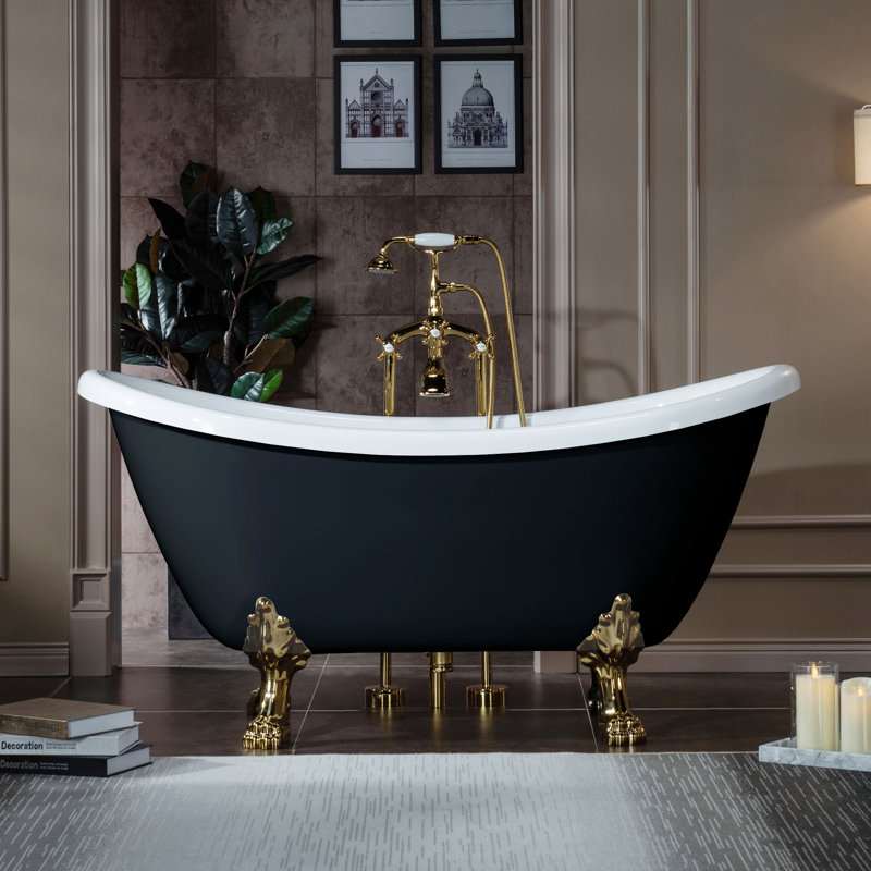 59" x 28" Clawfoot Soaking Acrylic Bathtub, Black, Polished Gold