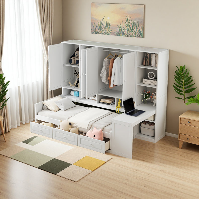 Wooden Daybed With Three Drawers, And All-In-One Cabinet, Desk And Shelves, Twin, White