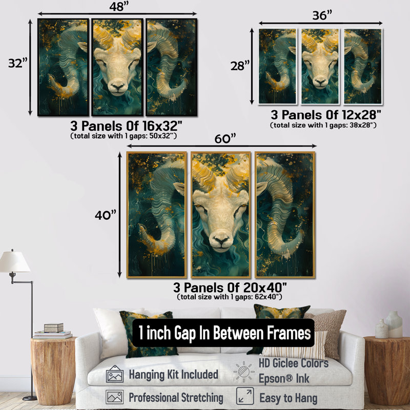 Astrologie verte et jaune «Aries Awakening I» «Astrologie verte et jaune Aries Awakening I» - 3 pièces, Cadre flottant blanc