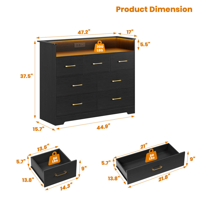 Commode 7 tiroirs pour chambre à coucher - Commode haute de 37 po avec éclairage à DEL et station de charge, armoire de rangement moderne avec tablette ouverte pour le salon, le vestibule, le couloir, noir