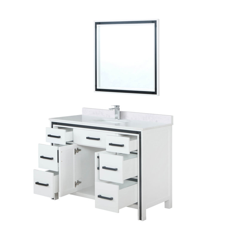 Ziva 48 in W x 22 in D Single Bath Vanity, White Top, 34 in Mirror and Chrome Faucet Set, Dark Gray, White Cultured Marble
