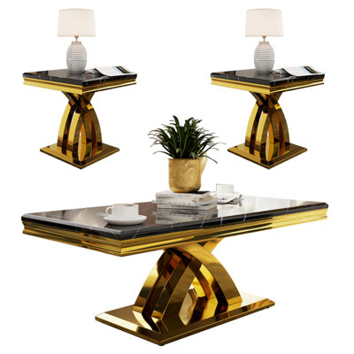 Malathi 3 - Piece Luxury Gold Coffee Table and End Table Set by Everly Quinn