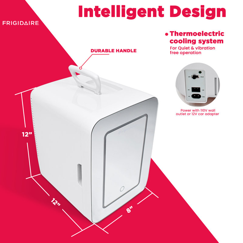 Frigidaire 9 Can/6.5 Liter Beauty Lighted Mirror Mini Personal Fridge Cooler, White, White