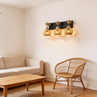 Luminaire de meuble-lavabo de ferme avec abat-jour en bambou tissé à la main, éclairage de salle de bain rustique à 3 lumières au-dessus d'un miroir, style bohème pour la salle de bain, la chambre à coucher ou le couloir