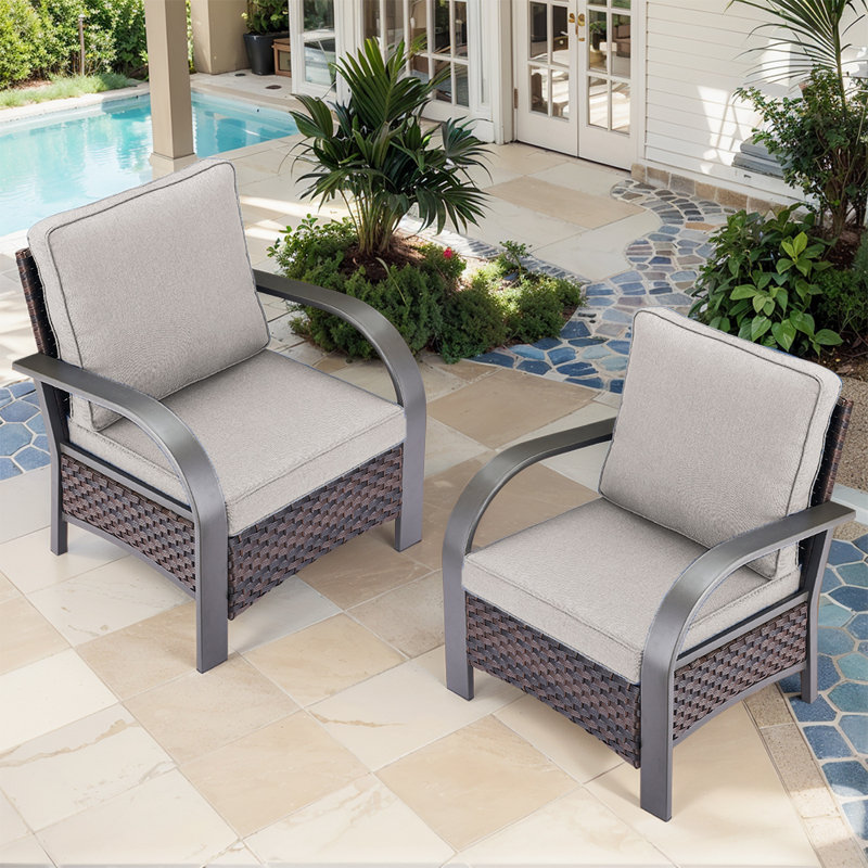 Bobra Patio Wicker Outdoor Club Chair with Cushions(Set of 2), Beige
