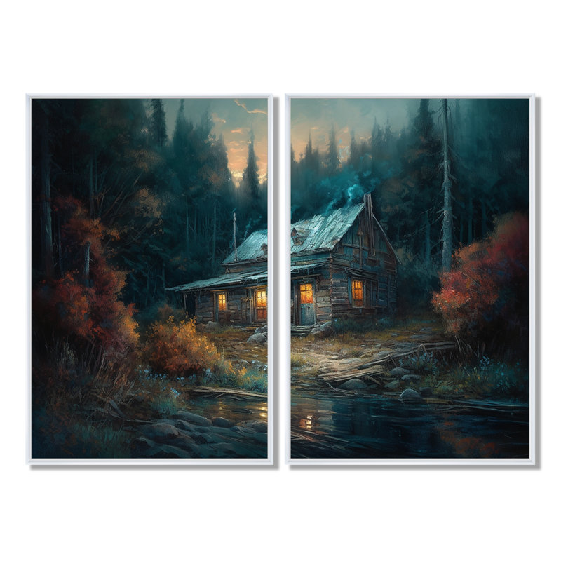 Cabane dans les bois - grande décoration murale forêt 2 panneaux, 36'' H x 48'' W, Impression encadrée flottante, White