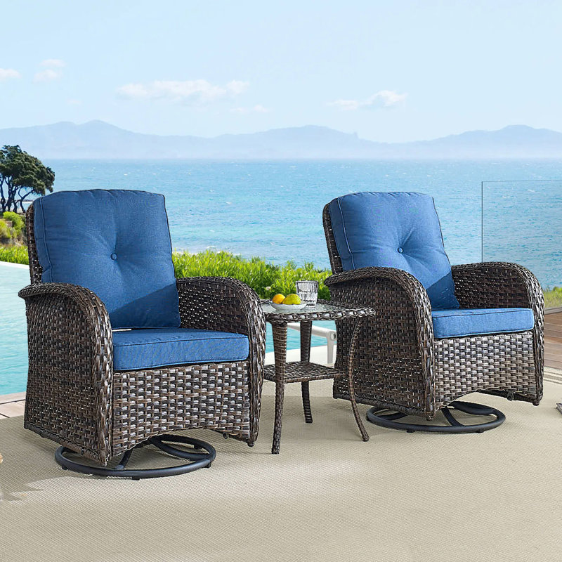 Dinjar Wicker 2 - Person Patio Conversation Set with Cushions, Blue