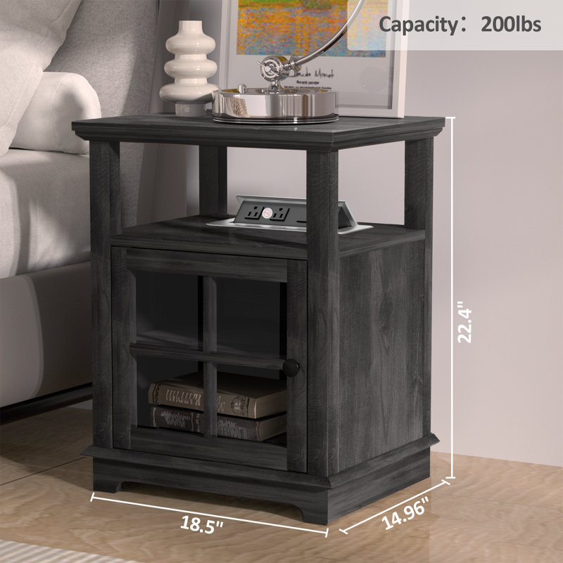 Cherelyn 24" Tall End Table with Storage and Built-In Outlets for Living Room, Nightstand for Bedroom, Office, Black, Black