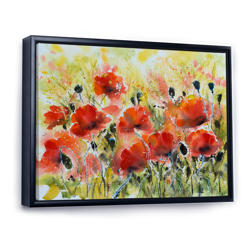 «Color Red Poppy Flowers», peinture sur toile encadrée, H 30 po x l 40 po x P 1,5 po, Cadre flottant noir
