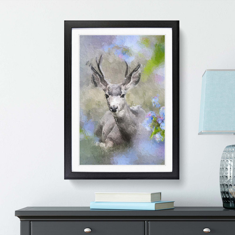 Resting Deer - Framed Print, 36cm H x 27cm W x 2cm D, Black Framed